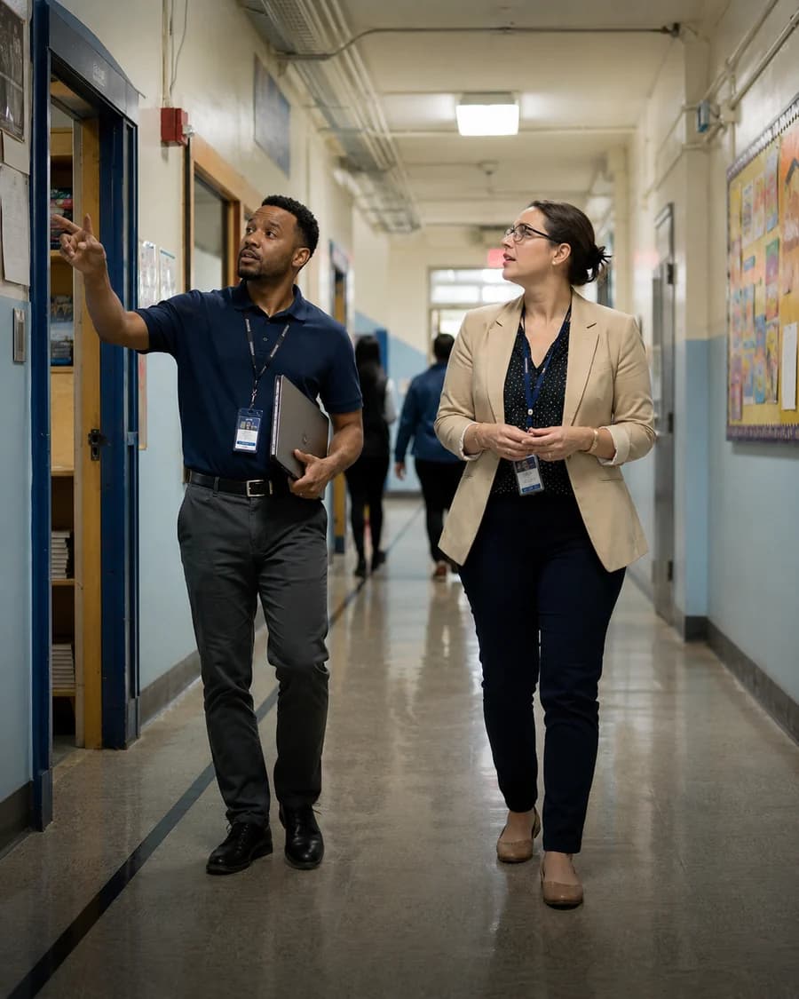 Two Fatiness professionals walking through a school hallway together