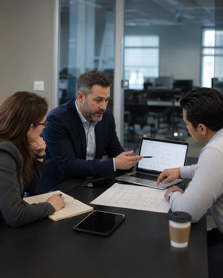 Three Fatiness colleagues around a table reviewing plans on a laptop and printed documents