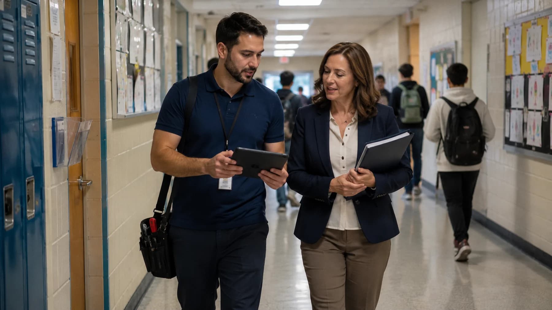 A Fatiness technician and a colleague walking a school hallway alongside students